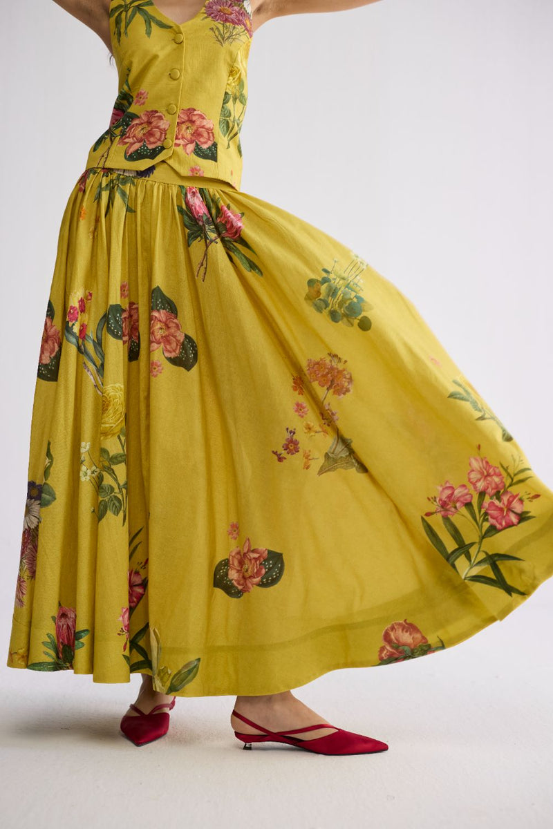 ROMY HALTERNECK WAISTCOAT & SKIRT SET cotton cambric co-ord set by YAM in yellow for women Worldwide