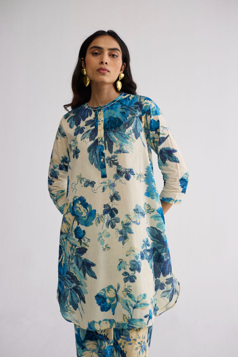 ROYAL PARADISE SHORT KURTA SET cotton kurta/kurta set by YAM in blue & white for women Worldwide