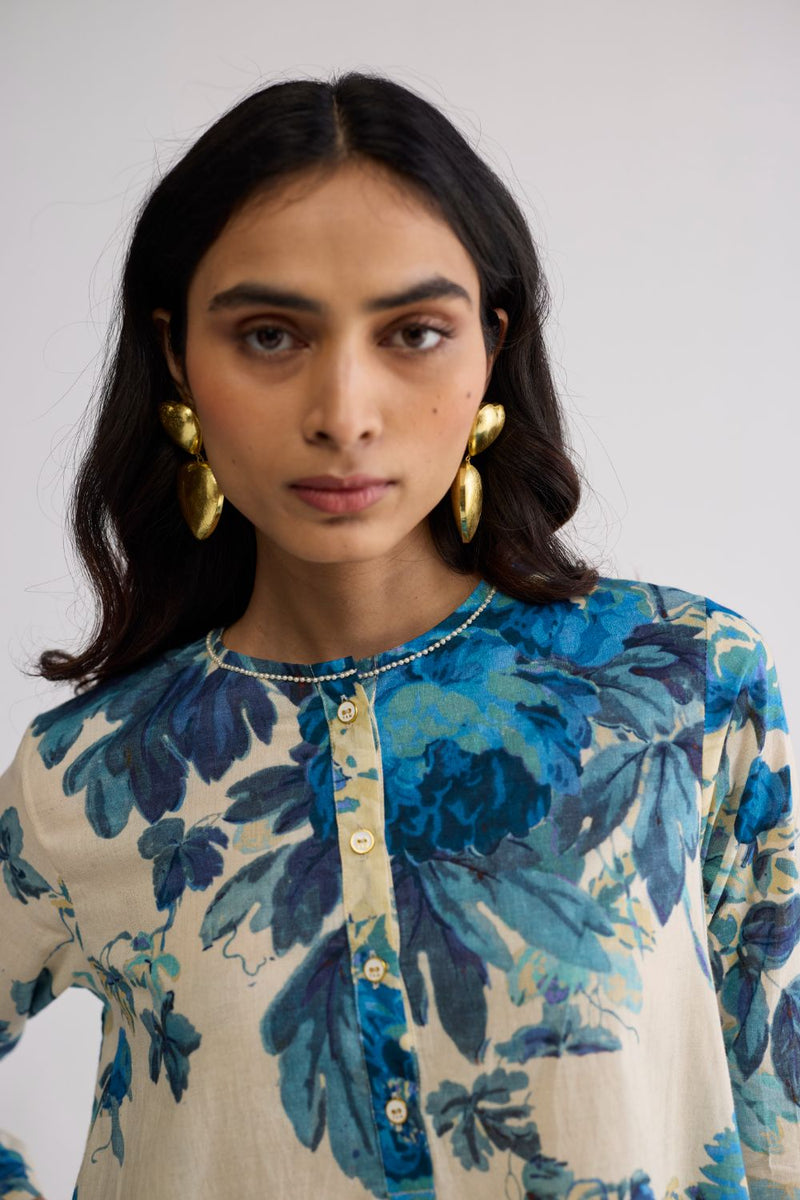 ROYAL PARADISE SHORT KURTA SET cotton kurta/kurta set by YAM in blue & white for women Worldwide