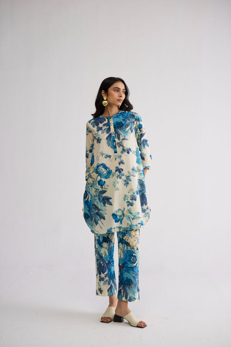 ROYAL PARADISE SHORT KURTA SET cotton kurta/kurta set by YAM in blue & white for women Worldwide