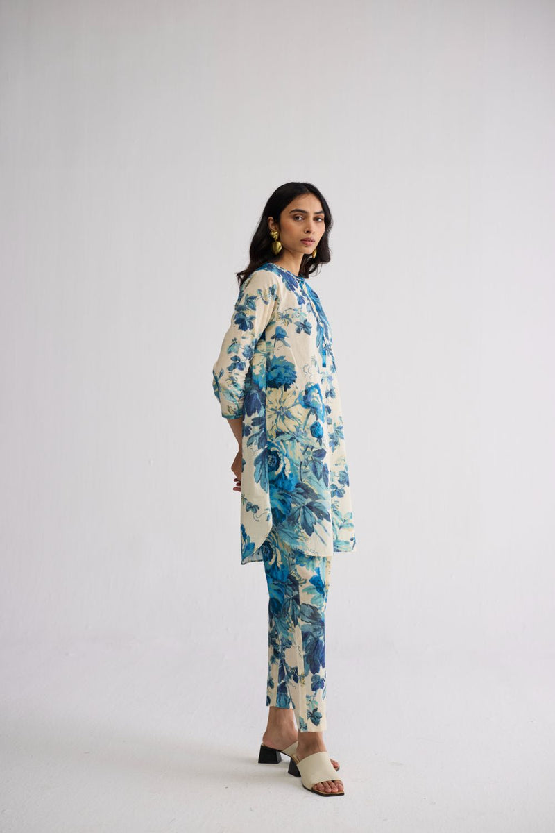 ROYAL PARADISE SHORT KURTA SET cotton kurta/kurta set by YAM in blue & white for women Worldwide