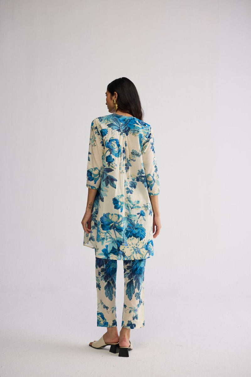 ROYAL PARADISE SHORT KURTA SET cotton kurta/kurta set by YAM in blue & white for women Worldwide