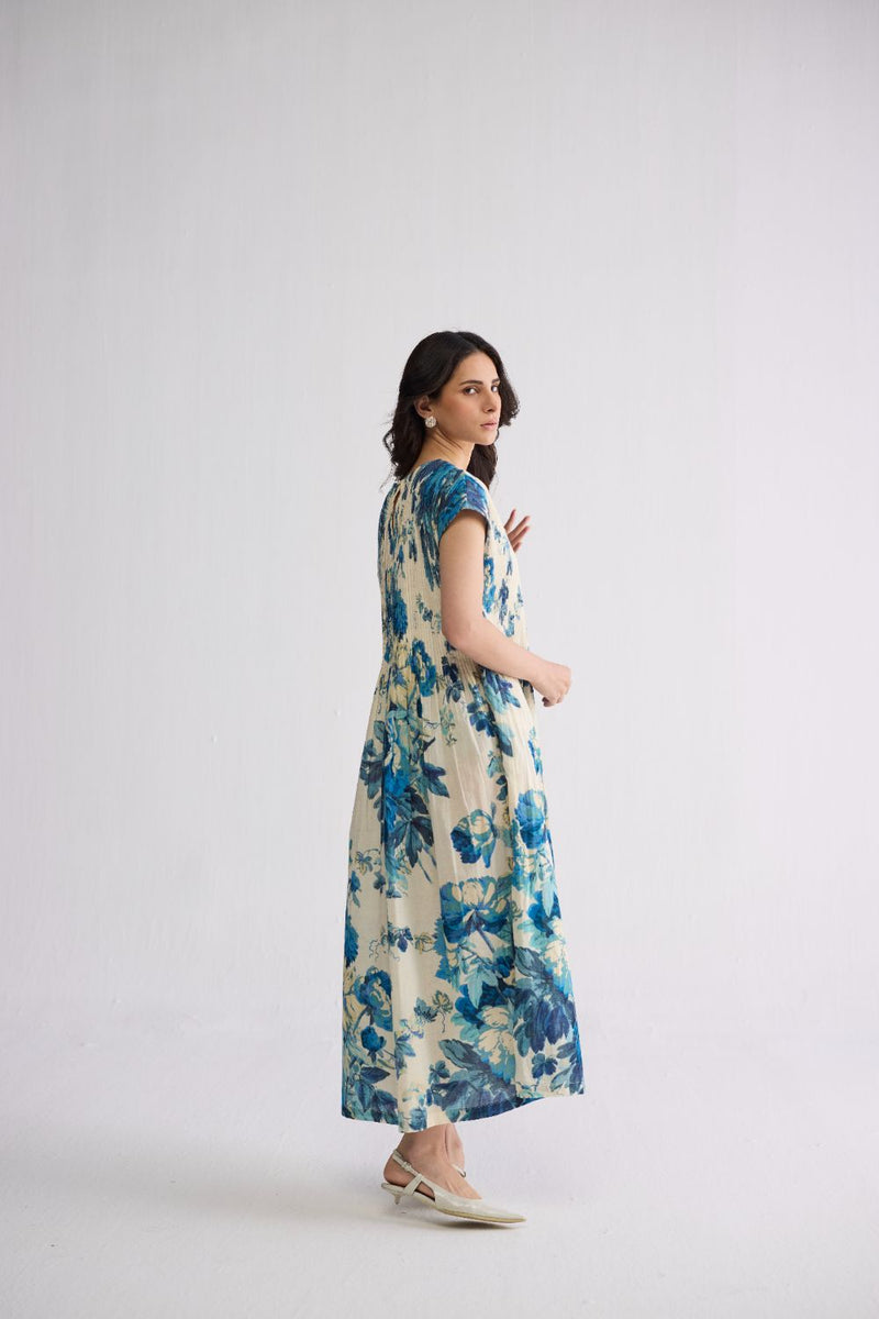 ROYAL PARADISE PINTUCKS DRESS cotton dress by YAM in blue & white for women Worldwide