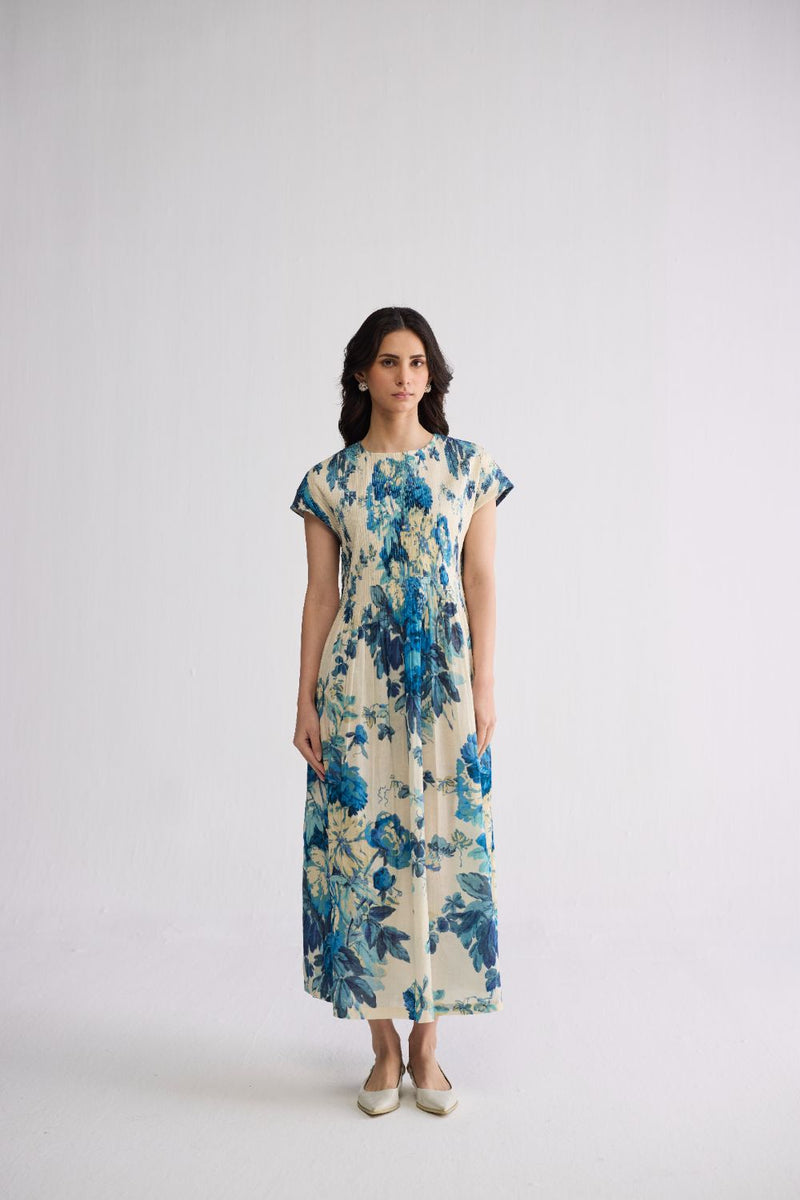 ROYAL PARADISE PINTUCKS DRESS cotton dress by YAM in blue & white for women Worldwide