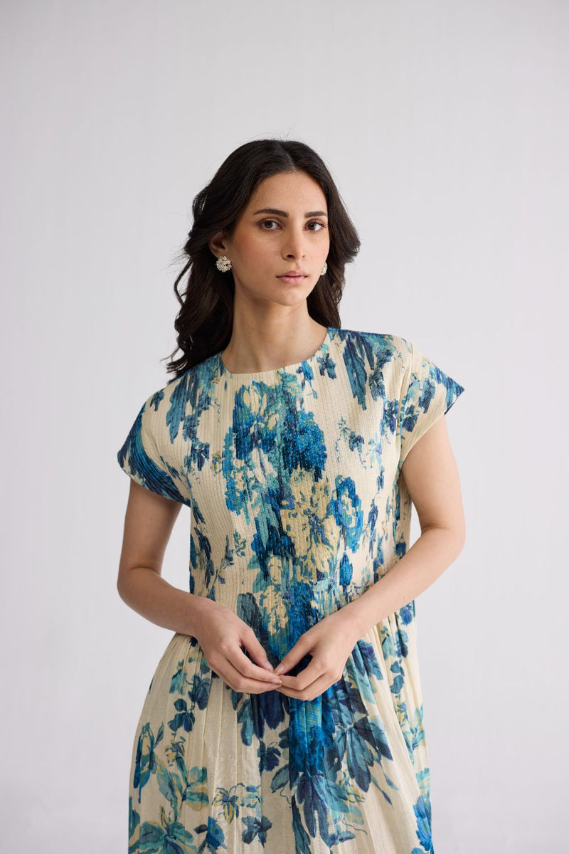 ROYAL PARADISE PINTUCKS DRESS cotton dress by YAM in blue & white for women Worldwide