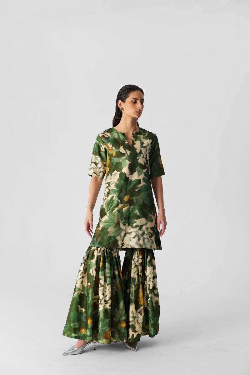 RUSI SHARARA SET silk by Yam in green color for women Worldwide