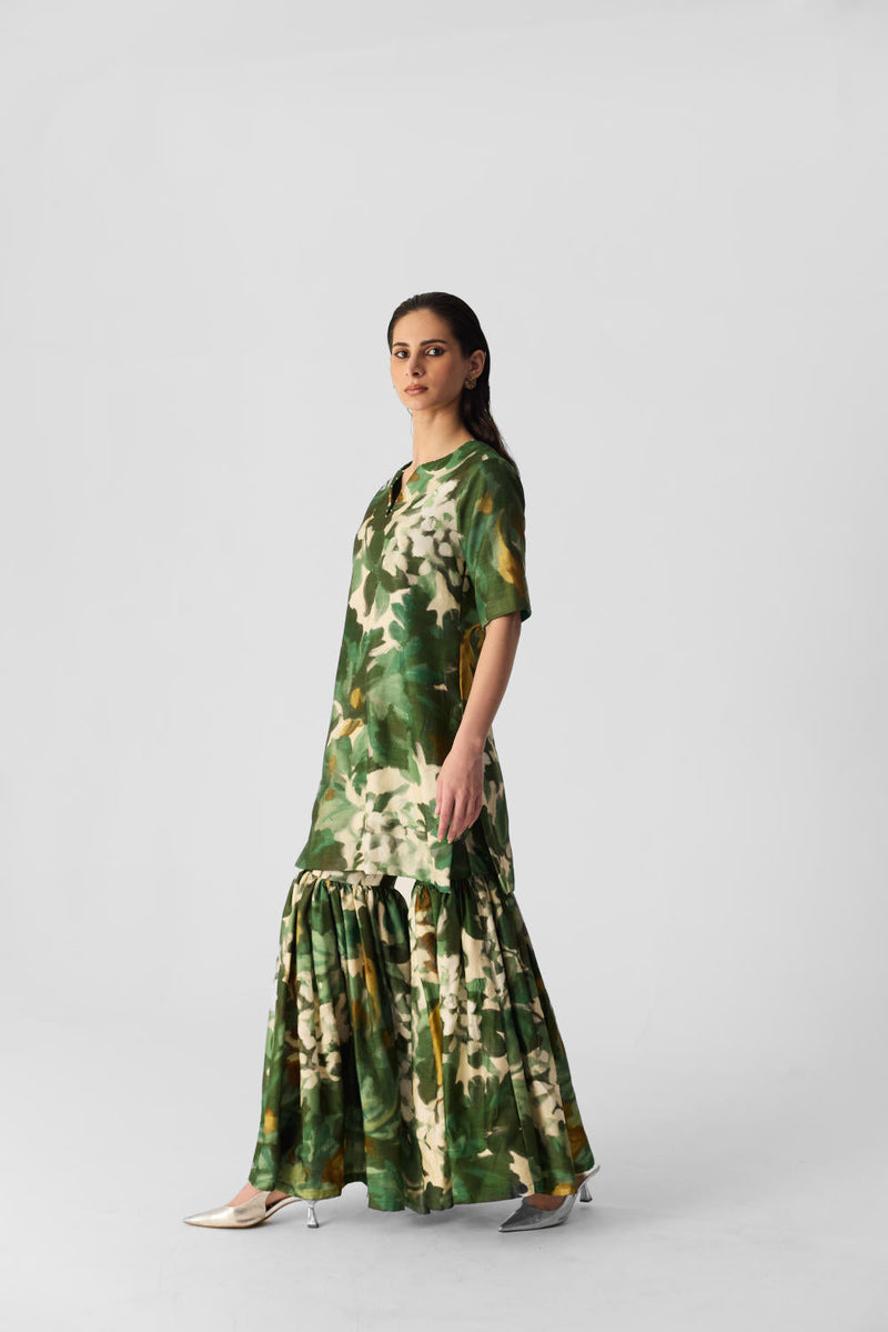 RUSI SHARARA SET silk by Yam in green color for women Worldwide