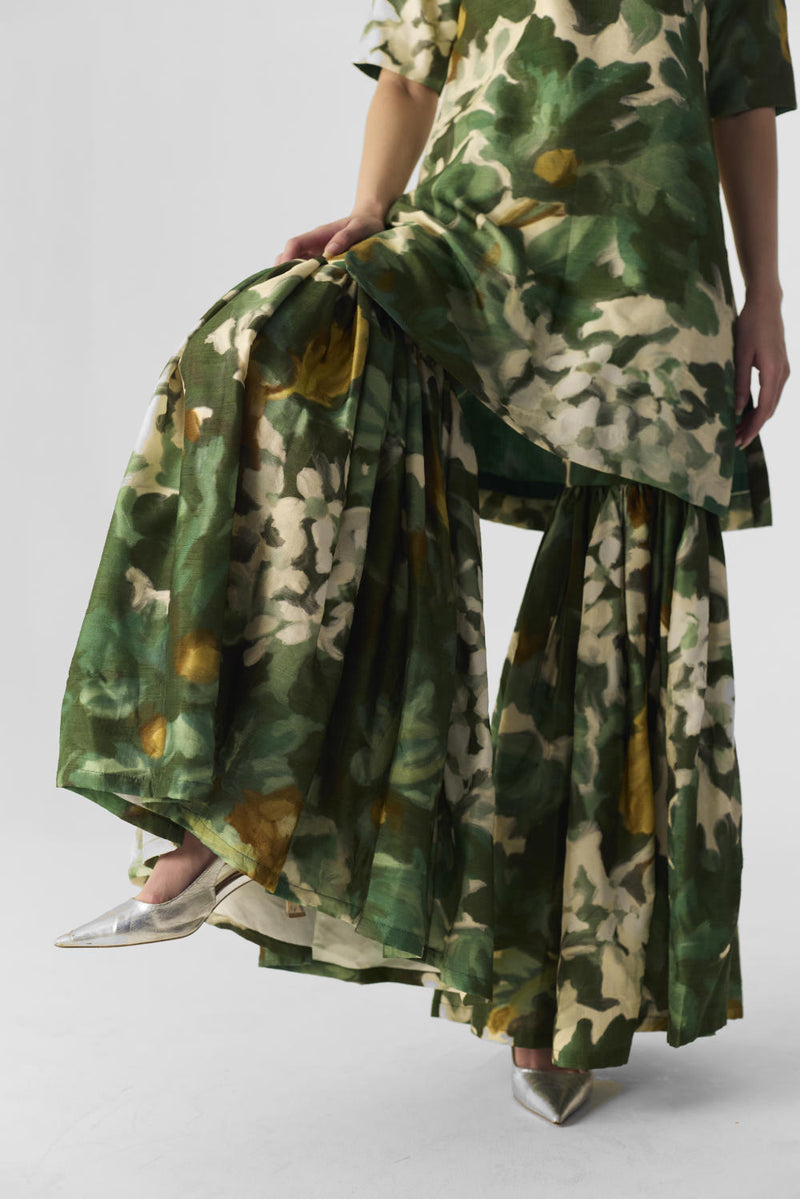 RUSI SHARARA SET silk by Yam in green color for women Worldwide