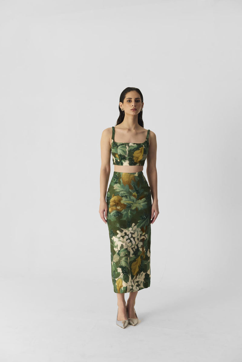 RUSI SKIRT & BLOUSE SET silk by Yam in green color for women Worldwide