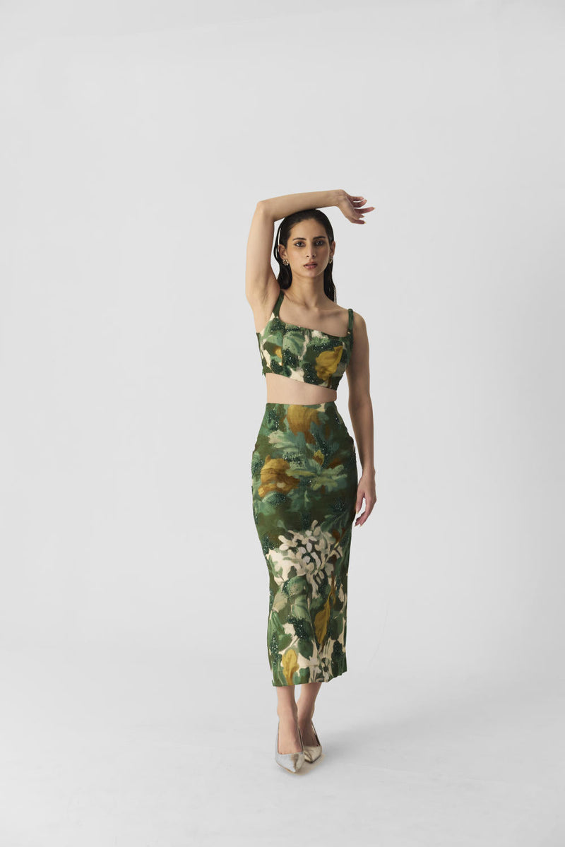 RUSI SKIRT & BLOUSE SET silk by Yam in green color for women Worldwide