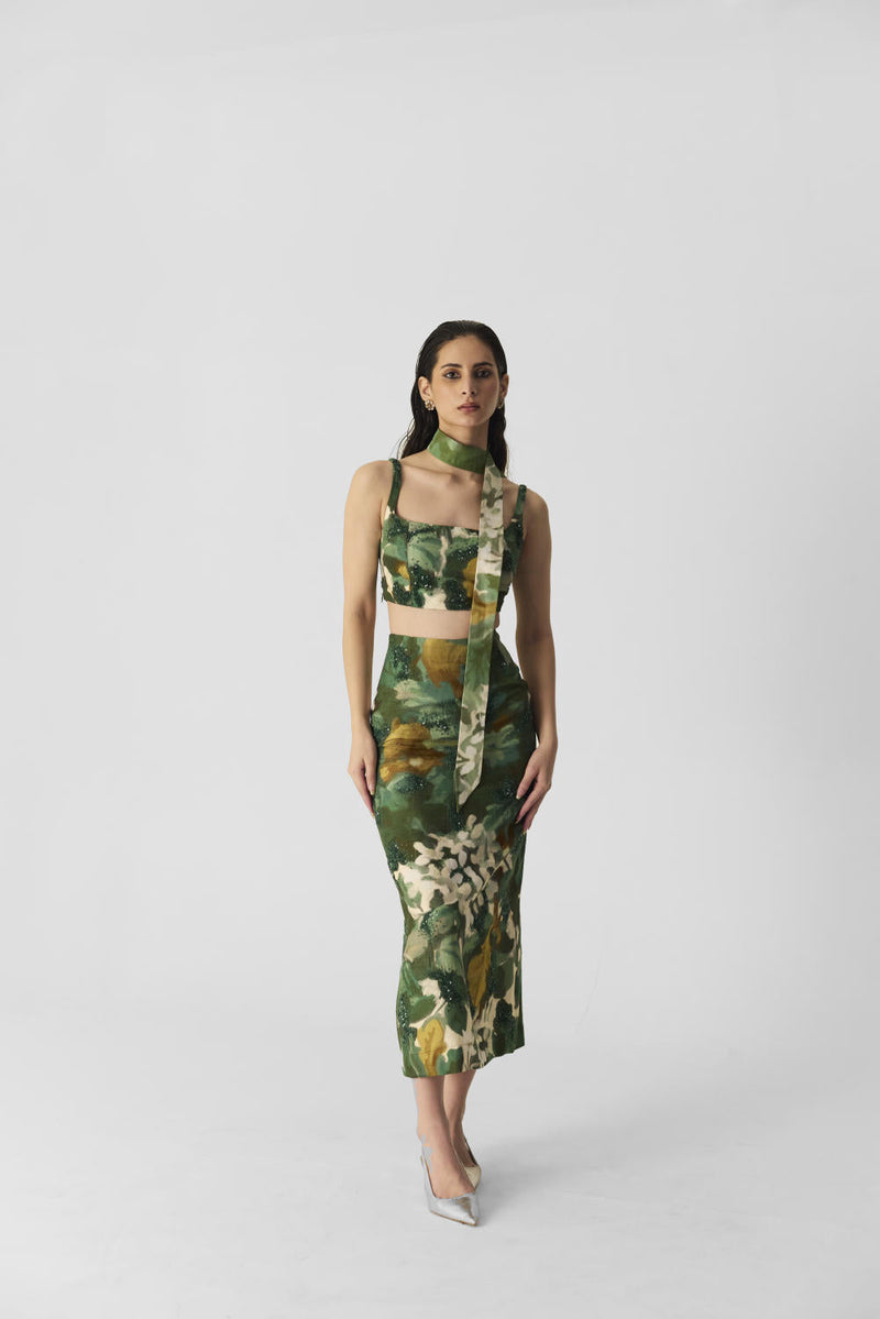 RUSI SKIRT & BLOUSE SET silk by Yam in green color for women Worldwide