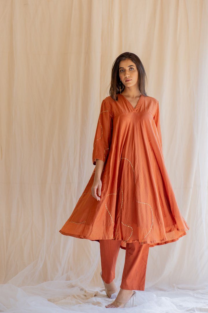 Rust Maheem Kurta Set by Nirjara for women Worldwide