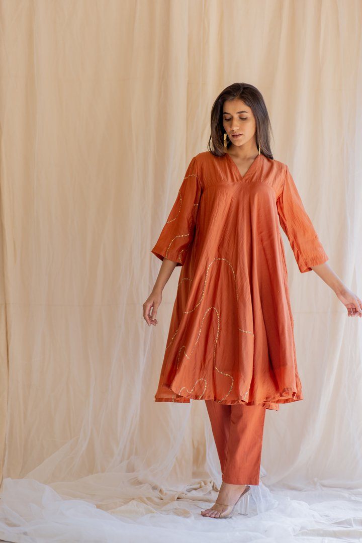 Rust Maheem Kurta Set by Nirjara for women Worldwide