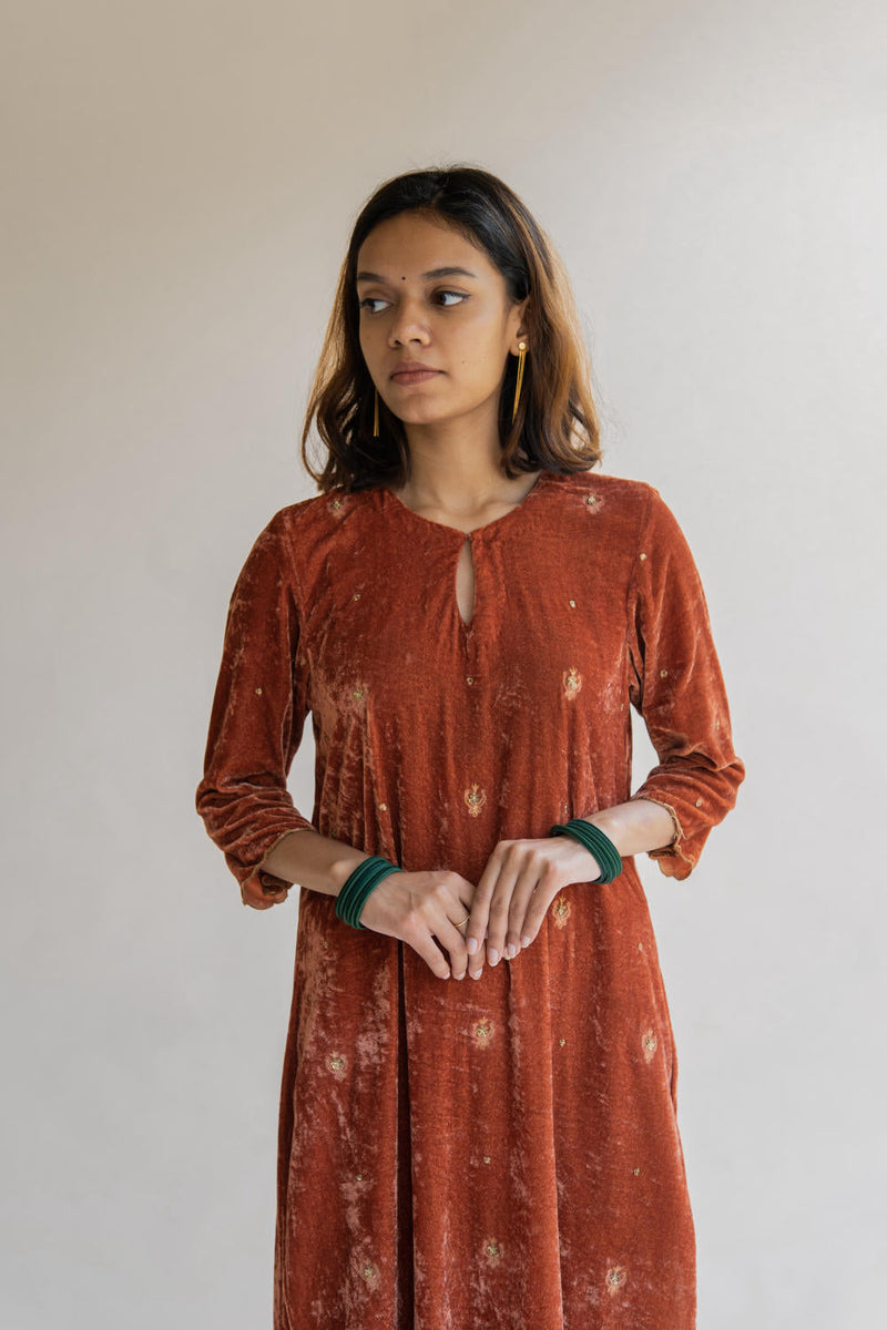 Rust Noorah Velvet kurta set Kurta Sets by Nirjara for women Worldwide
