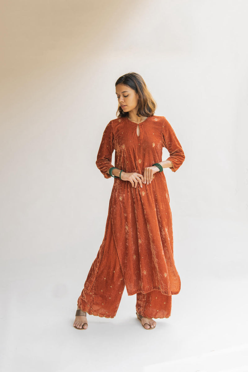 Rust Noorah Velvet kurta set Kurta Sets by Nirjara for women Worldwide