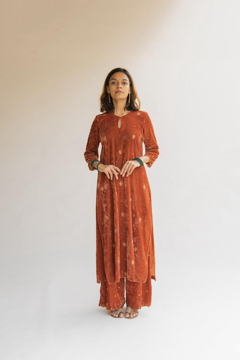 Rust Noorah Velvet kurta set Kurta Sets by Nirjara for women Worldwide