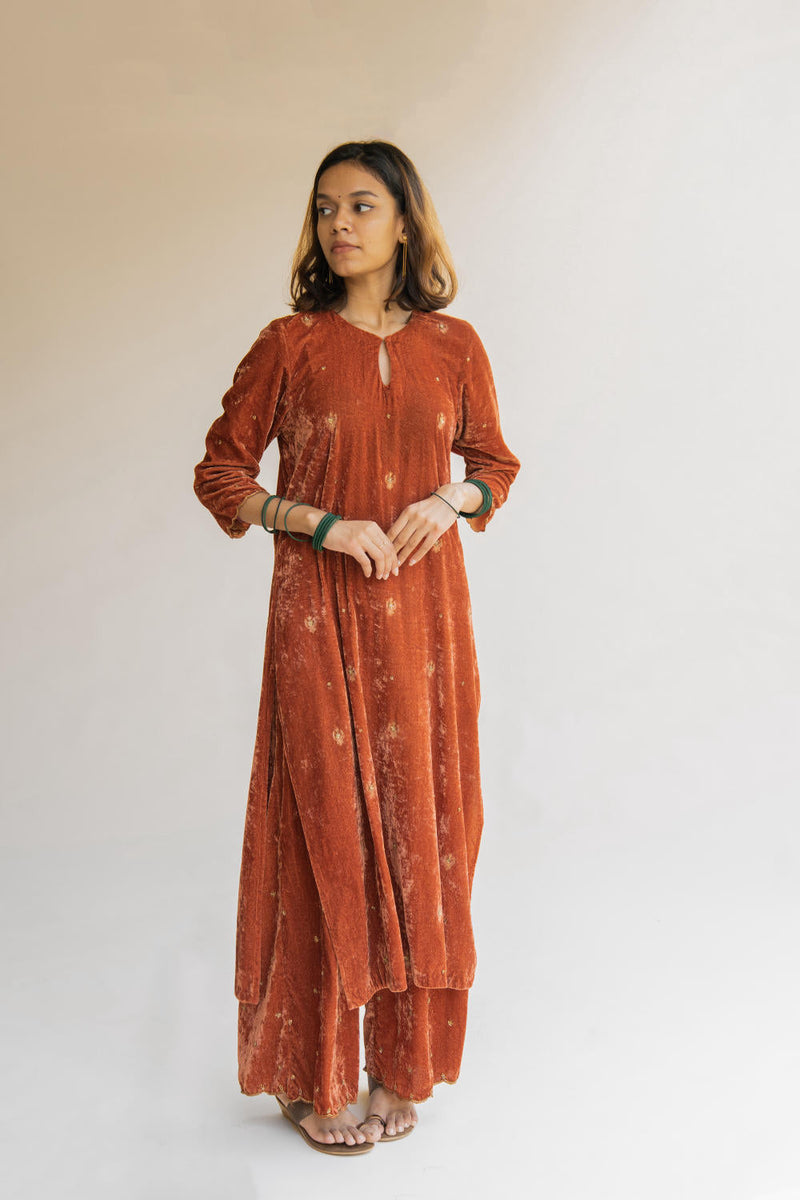 Rust Noorah Velvet kurta set Kurta Sets by Nirjara for women Worldwide