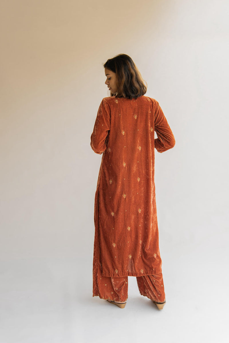 Rust Noorah Velvet kurta set Kurta Sets by Nirjara for women Worldwide