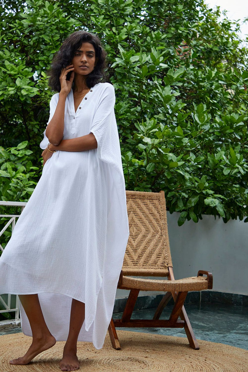 Salt Kaftan Lounge Wear by Khara Kapas in white for women Worldwide
