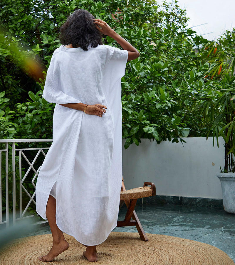 Salt Kaftan Lounge Wear by Khara Kapas in white for women Worldwide