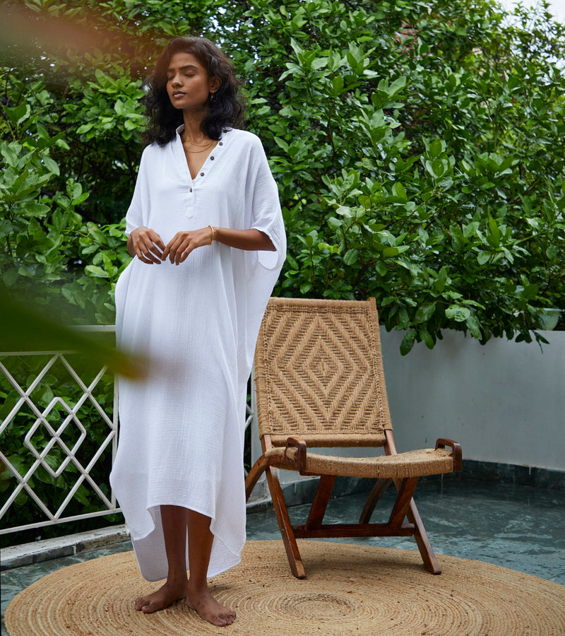 Salt Kaftan Lounge Wear by Khara Kapas in white for women Worldwide