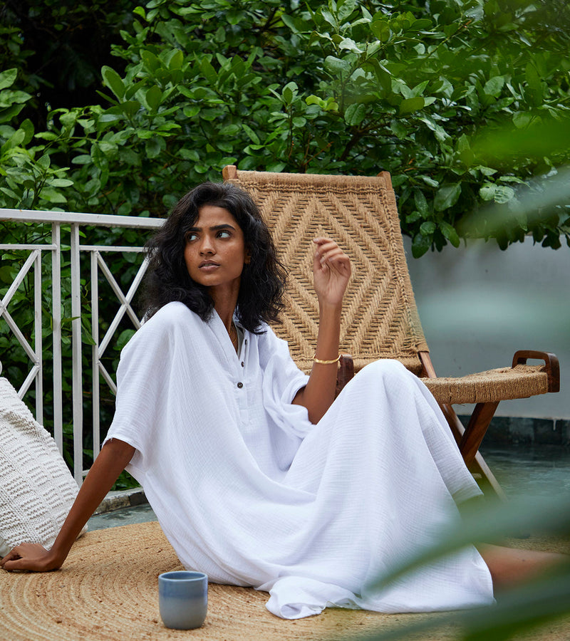 Salt Kaftan Lounge Wear by Khara Kapas in white for women Worldwide