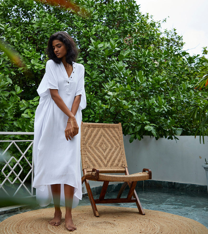 Salt Kaftan Lounge Wear by Khara Kapas in white for women Worldwide