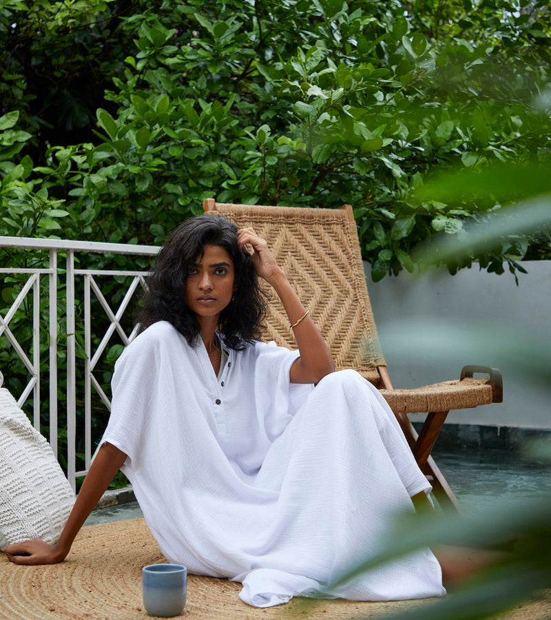 Salt Kaftan Lounge Wear by Khara Kapas in white for women Worldwide