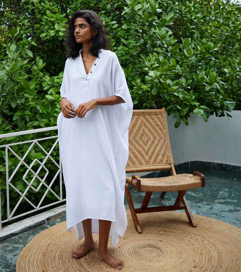 Salt Kaftan Lounge Wear by Khara Kapas in white for women Worldwide