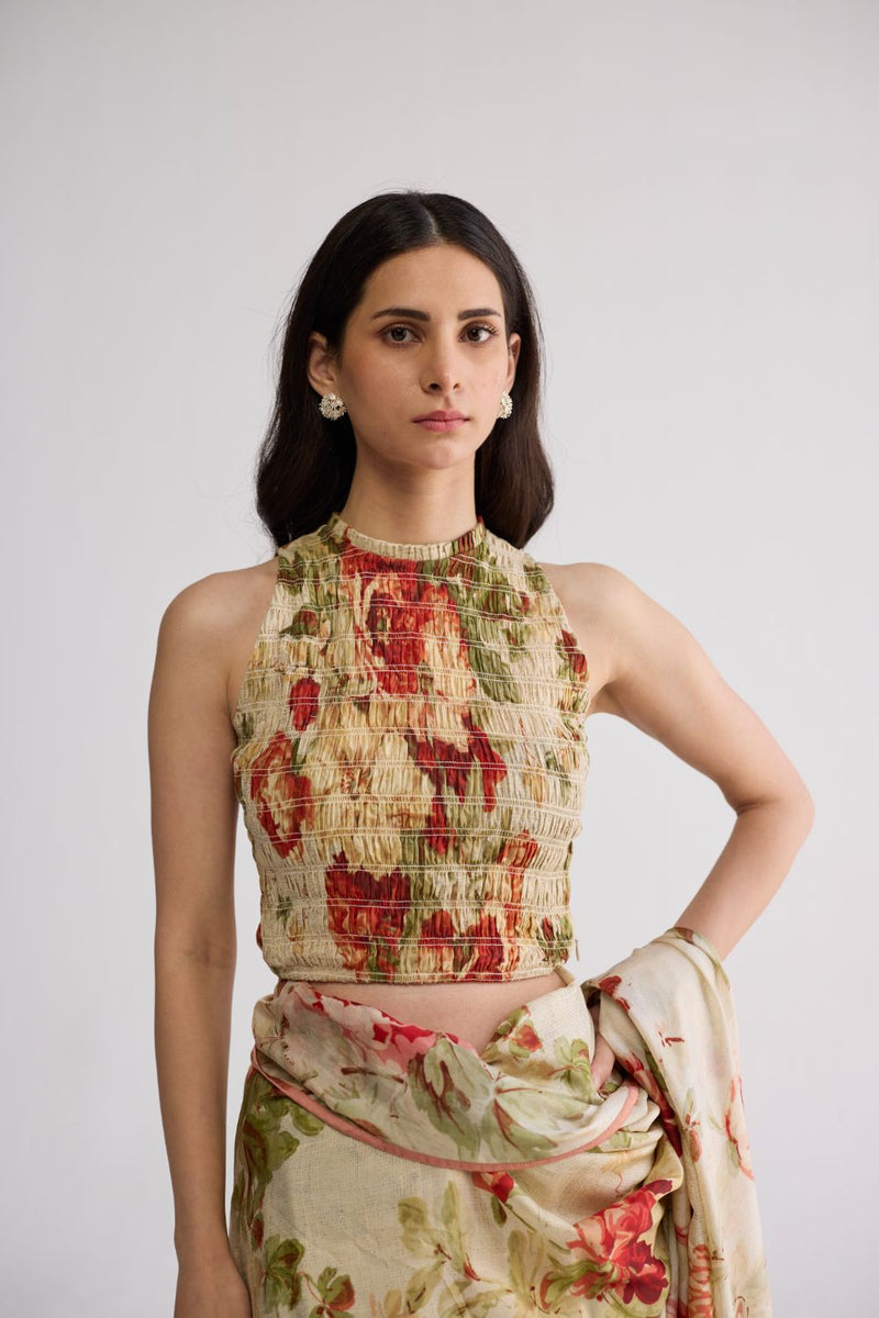SAMA SMOCKED BLOUSE cotton blouse by YAM in beige & red for women Worldwide