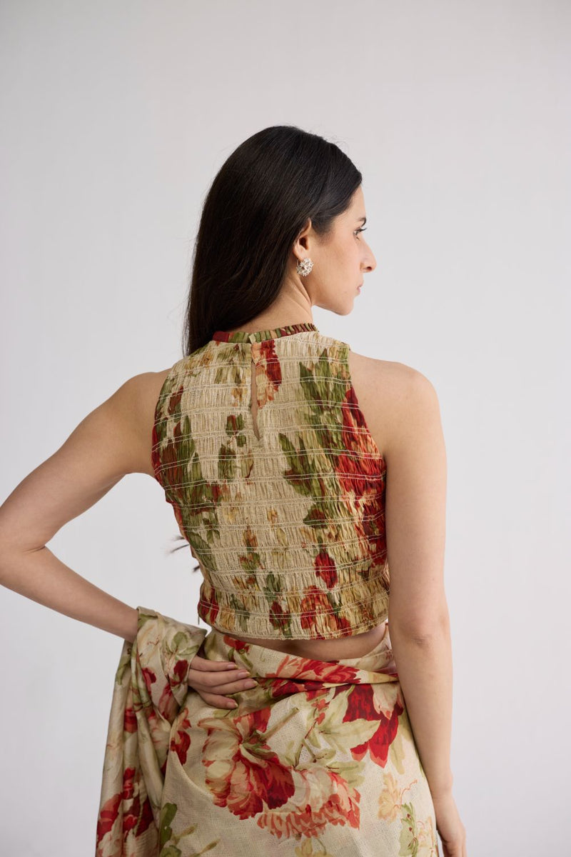 SAMA SMOCKED BLOUSE cotton blouse by YAM in beige & red for women Worldwide