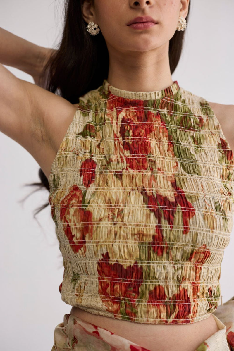 SAMA SMOCKED BLOUSE cotton blouse by YAM in beige & red for women Worldwide