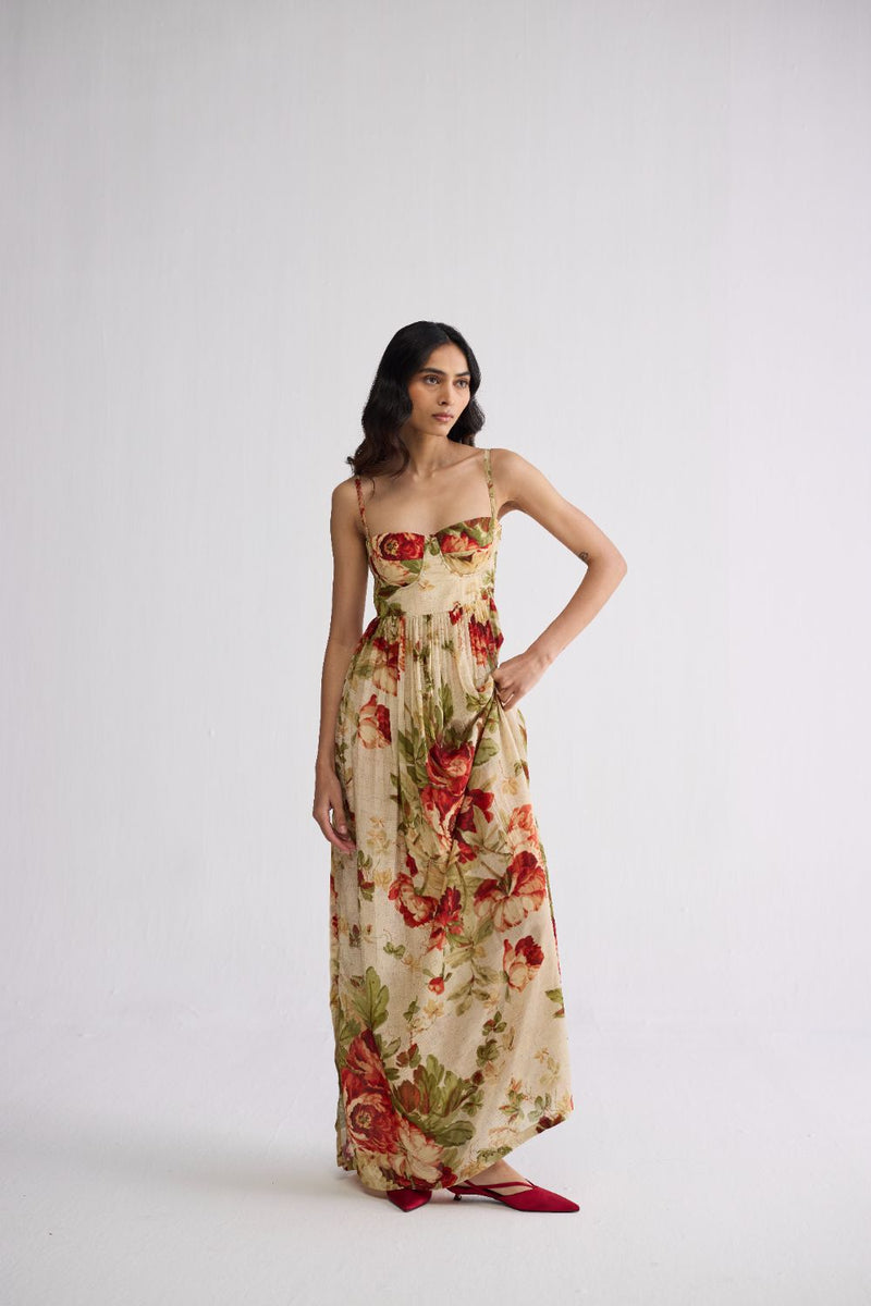 SAMA CREPE BRALETTE DRESS crepe dress by YAM in beige & red for women Worldwide