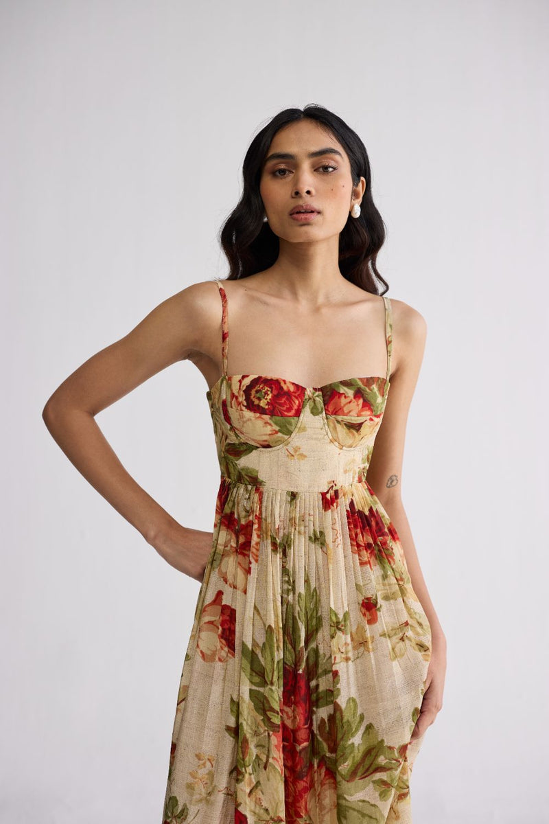 SAMA CREPE BRALETTE DRESS crepe dress by YAM in beige & red for women Worldwide