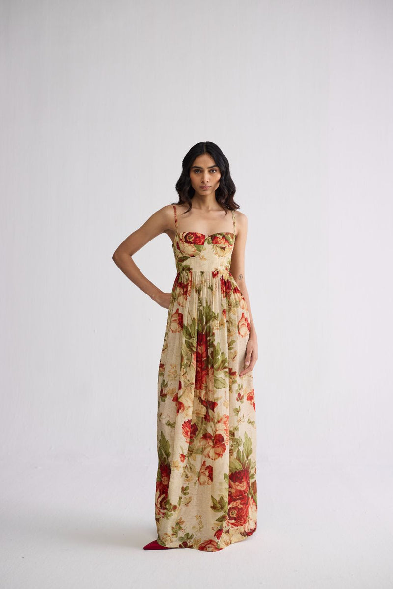 SAMA CREPE BRALETTE DRESS crepe dress by YAM in beige & red for women Worldwide