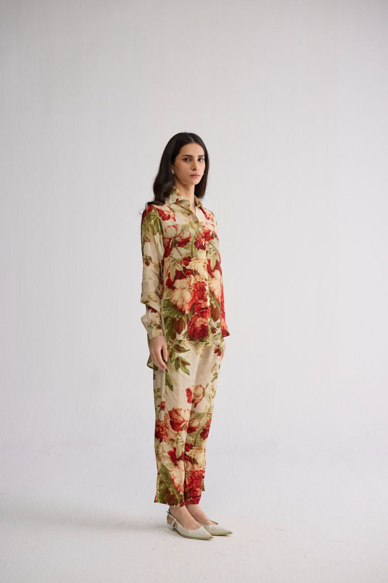SAMA CO-ORD SET crepe co-ord set by YAM in beige & red for women Worldwide