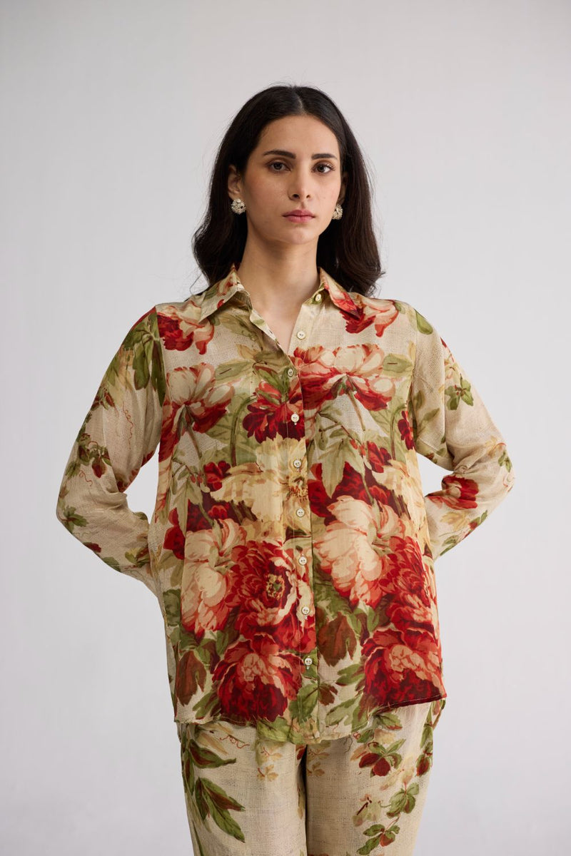 SAMA CO-ORD SET crepe co-ord set by YAM in beige & red for women Worldwide