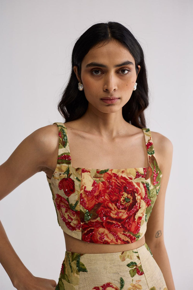 SAMA EMBROIDERED TOP & SKIRT SET cotton silk co-ord set by YAM in beige & red for women Worldwide