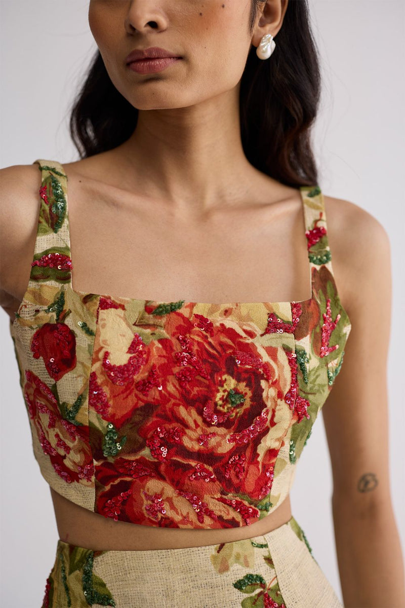 SAMA EMBROIDERED TOP & SKIRT SET cotton silk co-ord set by YAM in beige & red for women Worldwide