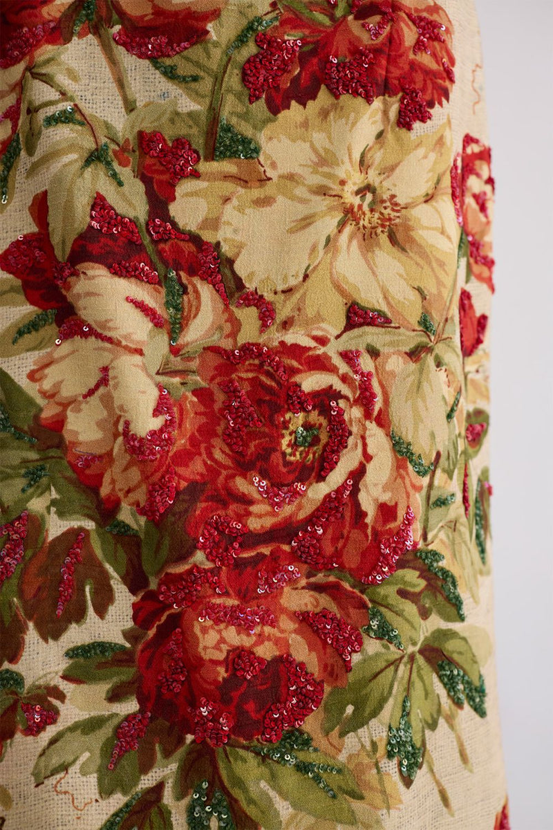 SAMA EMBROIDERED TOP & SKIRT SET cotton silk co-ord set by YAM in beige & red for women Worldwide
