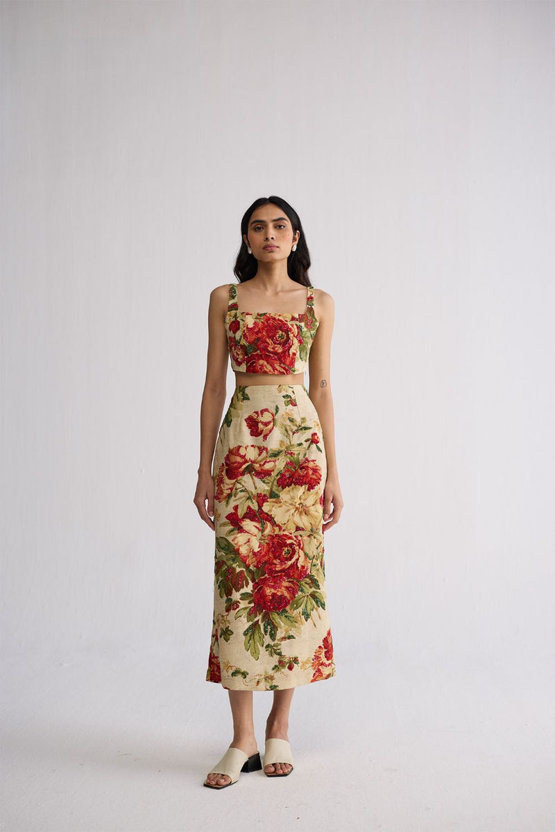 SAMA EMBROIDERED TOP & SKIRT SET cotton silk co-ord set by YAM in beige & red for women Worldwide