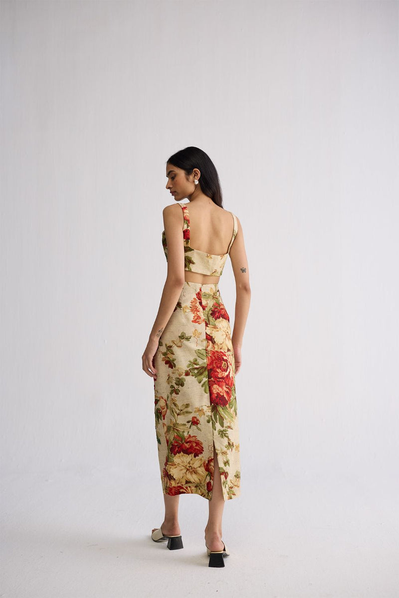SAMA EMBROIDERED TOP & SKIRT SET cotton silk co-ord set by YAM in beige & red for women Worldwide