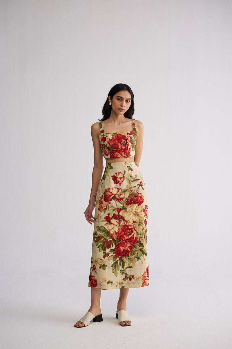 SAMA EMBROIDERED TOP & SKIRT SET cotton silk co-ord set by YAM in beige & red for women Worldwide