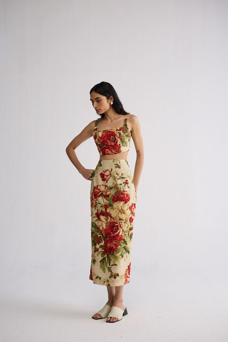 SAMA EMBROIDERED TOP & SKIRT SET cotton silk co-ord set by YAM in beige & red for women Worldwide