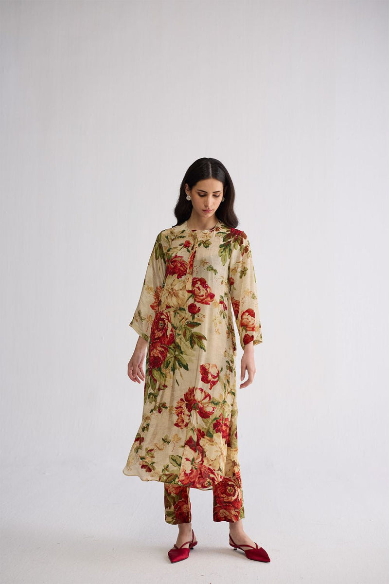 SAMA EMBROIDERED KURTA SET crepe kurta/kurta set by YAM in beige & red for women Worldwide