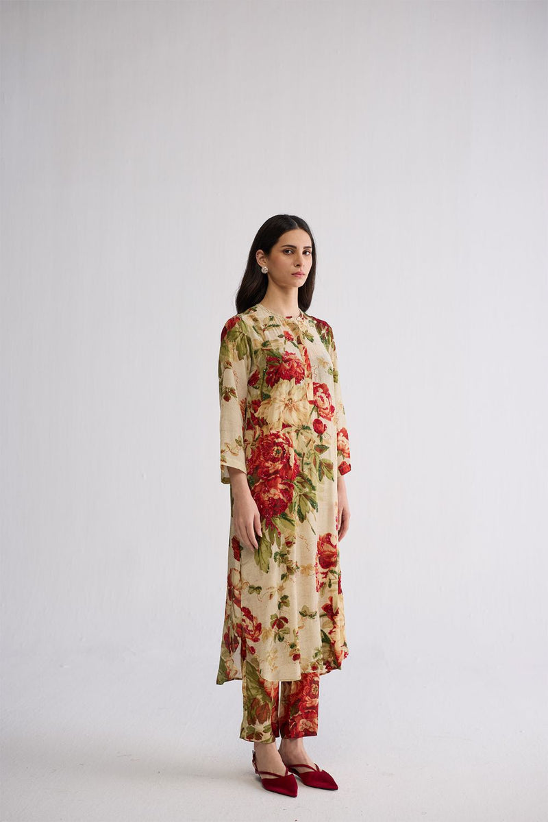 SAMA EMBROIDERED KURTA SET crepe kurta/kurta set by YAM in beige & red for women Worldwide