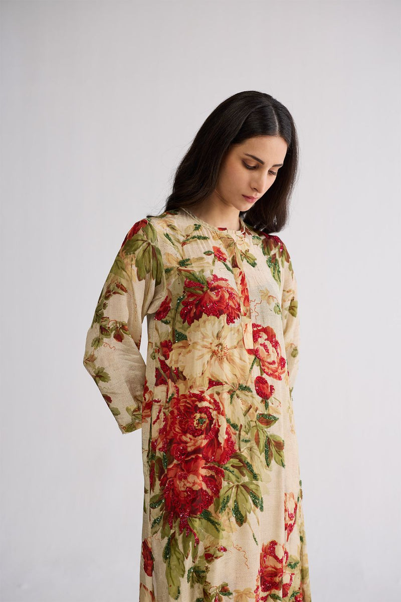 SAMA EMBROIDERED KURTA SET crepe kurta/kurta set by YAM in beige & red for women Worldwide