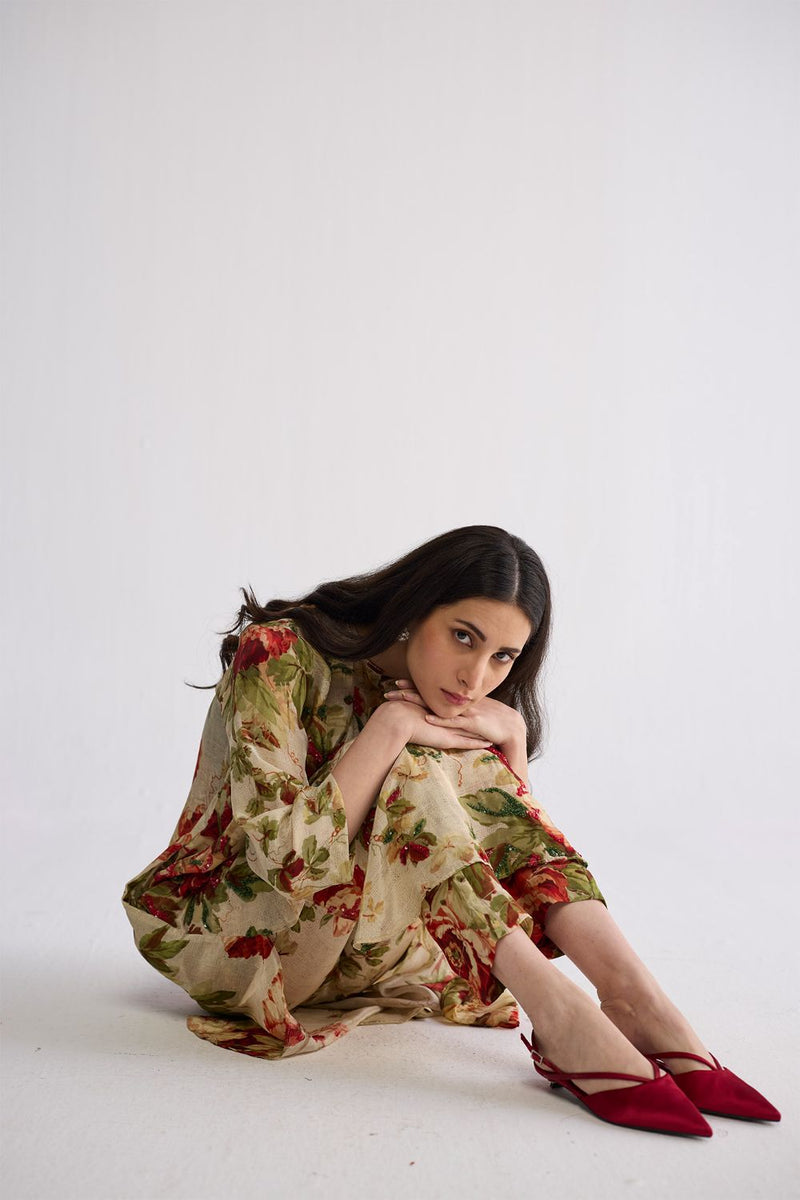 SAMA EMBROIDERED KURTA SET crepe kurta/kurta set by YAM in beige & red for women Worldwide