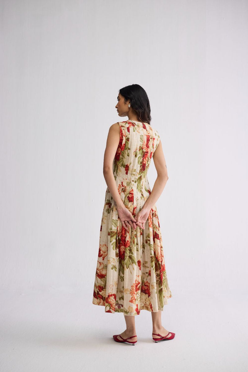 SAMA PLEATED DRESS poplin dress by YAM in beige & red for women Worldwide