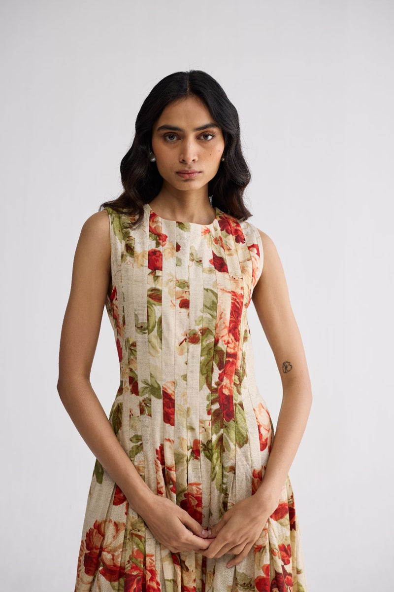 SAMA PLEATED DRESS poplin dress by YAM in beige & red for women Worldwide